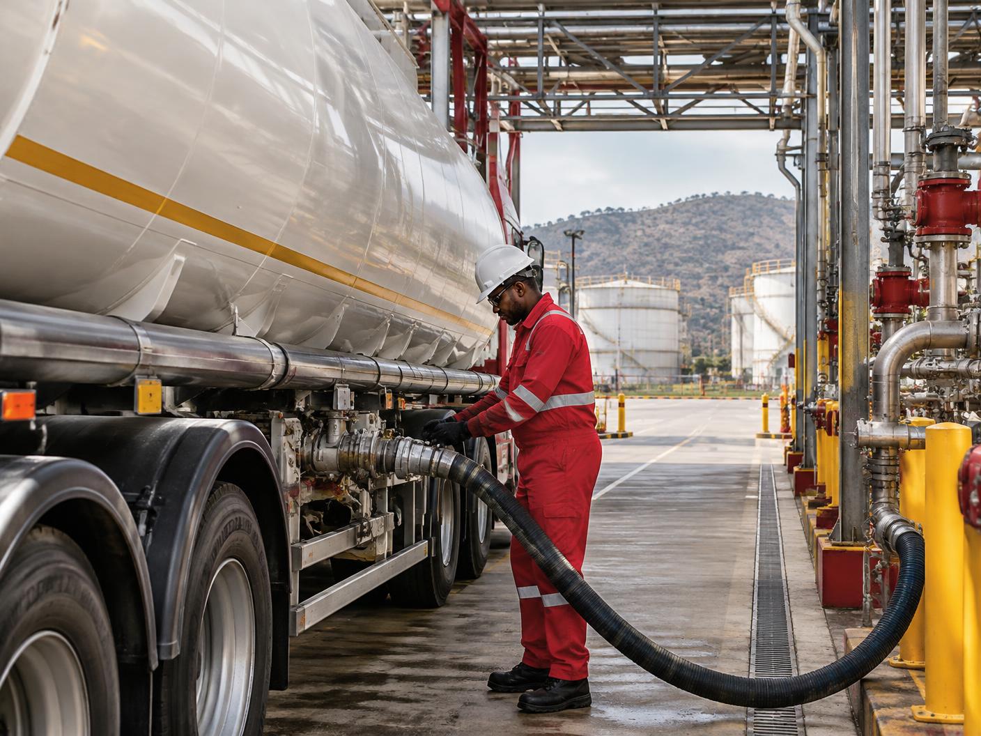 Fuel logistics professional handling a tanker at a depot